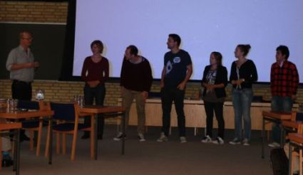 Professor Niels Christian Nielsen congratulating the winners of the oral-presentation award (left to right Mie Andersen, Nikolai Lorenzen, Ole Zoffmann Andersen, Camilla Lund Nikolajsen, Sarah Helming and Yuya Hayashi)