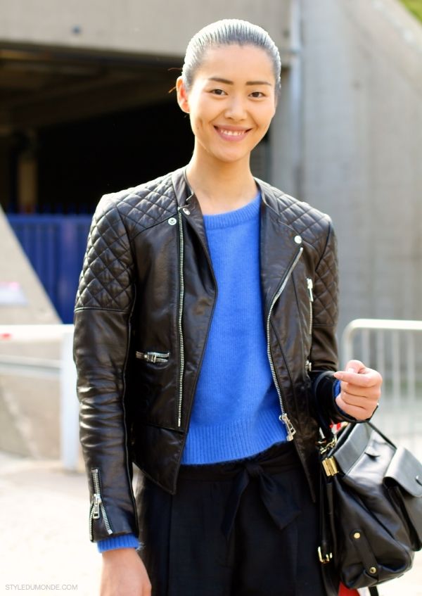 "Liu Wen" "Paris Street Style" "Black Leather Jacket and Sweater"