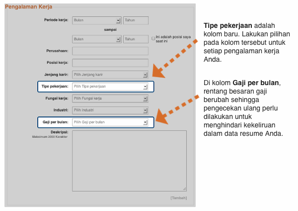 Lengkapi kolom Tipe pekerjaan dan Gaji per bulan di bagian Pengalaman Kerja