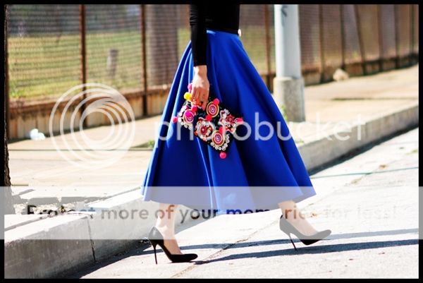 "midi skirt" "long skirt street style" "embroidered clutch style" "cobalt skirt"
